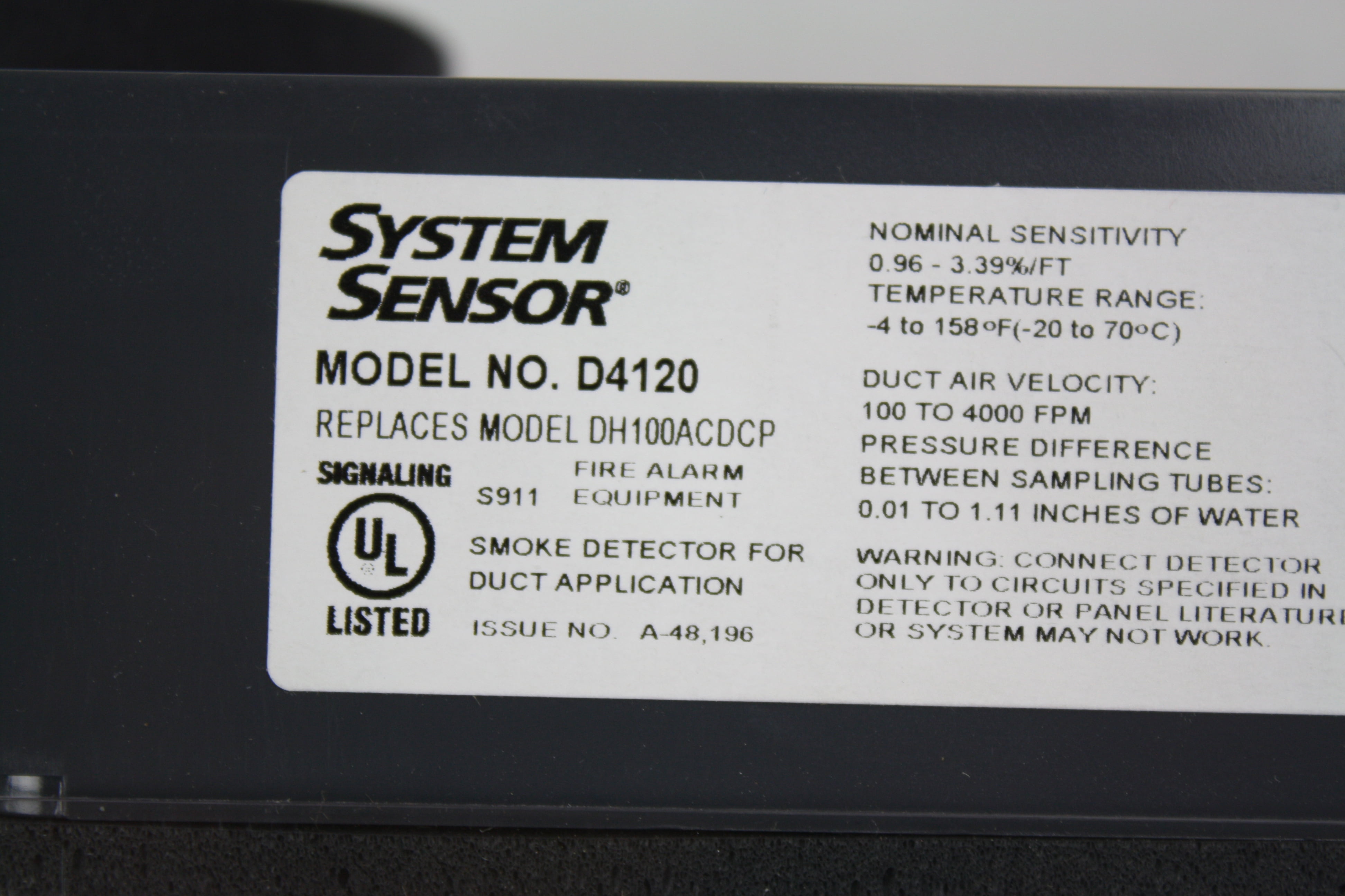 System Sensor D4120 4 Wire Photoelectric Low Flow Duct Smoke Detector