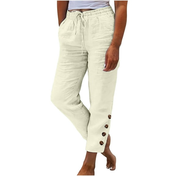 ibuvkizy Summer Pants for Women 2025 Womens Wide Leg Pants Casual High Waisted Pants Elastic Drawstring Pant Trousers with Pockets Beige L