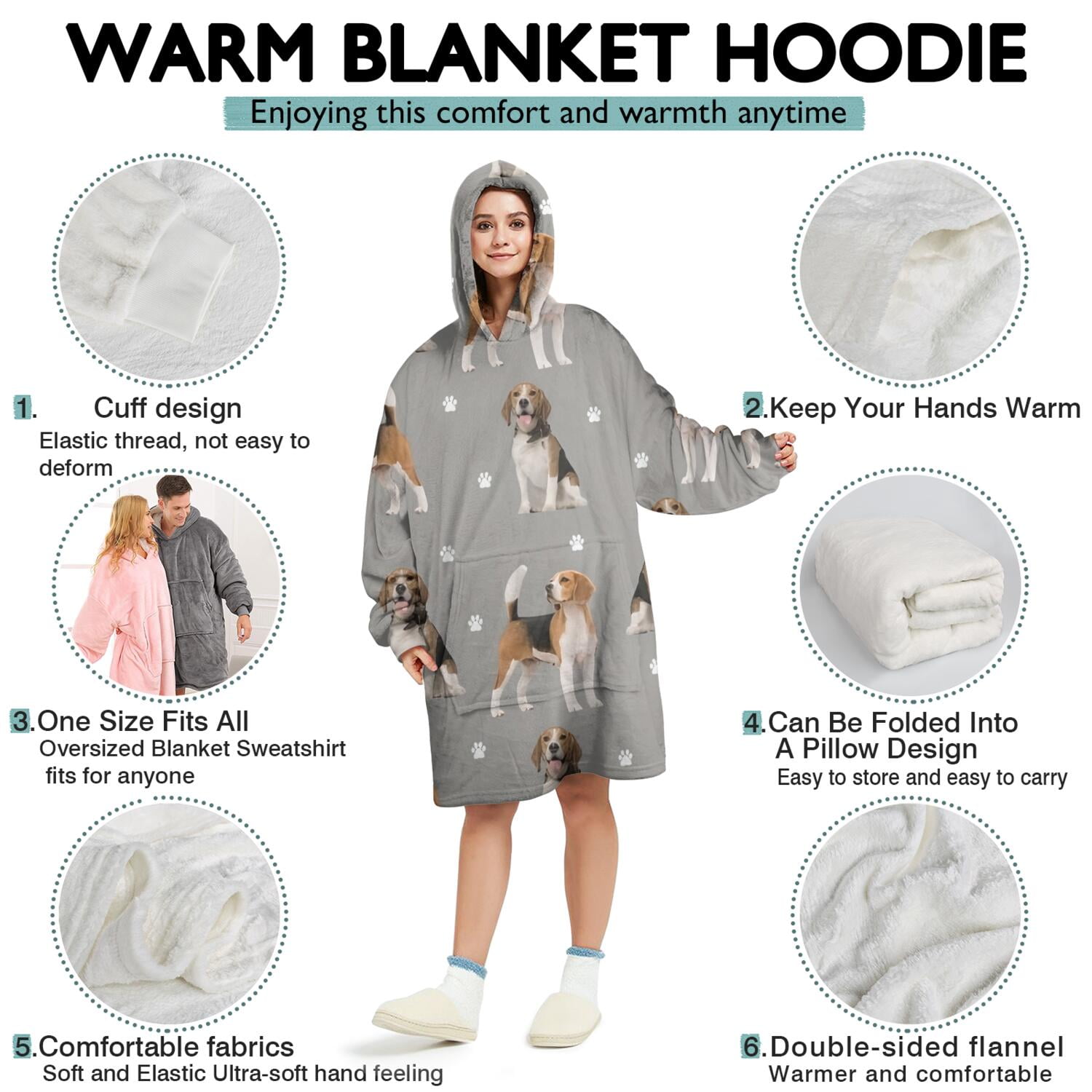 Beagle and Dog Footprints Wearable Oversized Blanket,Wearable Blanket Hoodie for Adults,Cozy Hooded Blankets with Super Pockets,Super Warm Fuzzy Pullover for Women & Men