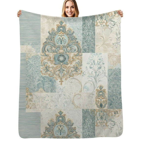 Elegant blue gold damask pattern Flannel Blanket Warm Soft Bedding Throws Winter Camping Chair Sofa Bed