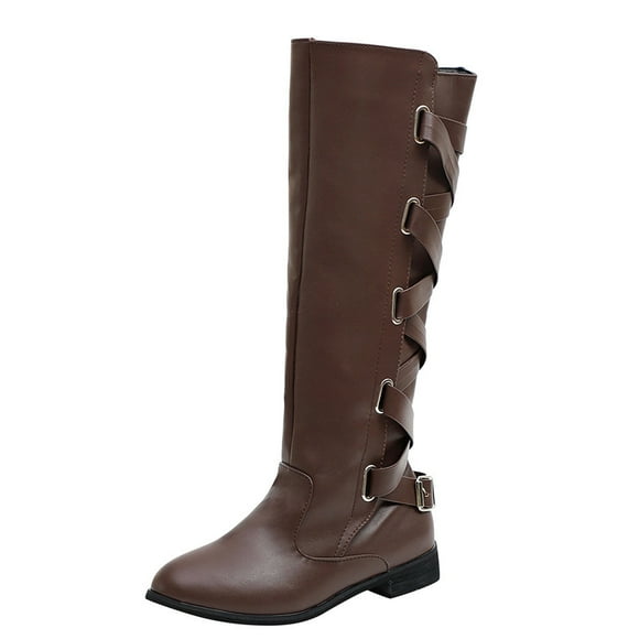 Jsaierl Knee High Boots For Womens Strappy Motorcycle Knee High Boots Winter Lace Up Riding Flat Low Heel Shoes