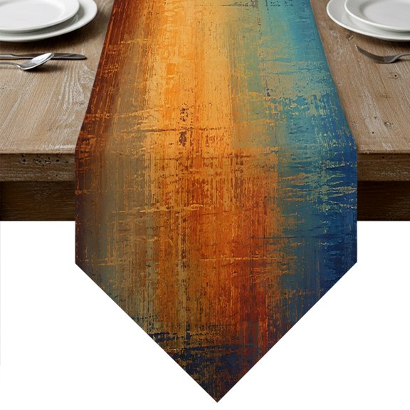 Blue Teal Orange Table Runner Linen Burlap Table Runner 120 Inches Long Chic Abstract Neutral Abstract Dresser Scarves for Kitchen Island Coffee Dining Room Party Wedding Holiday Decoration 13"x120"