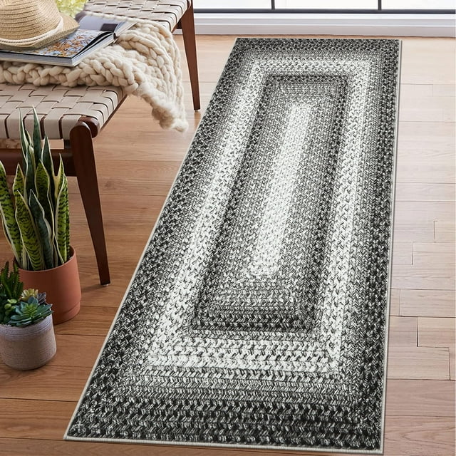 Garvee Braided Printed Runner Rug 2x6 Washable Boho Runner Rug Modern Rustic Geometric Rug Runner for Laundry Kitchen, Gray