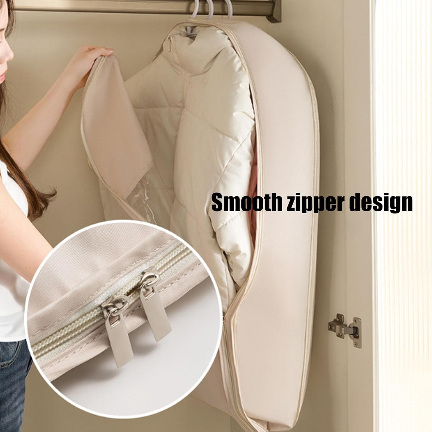 2026 New Space Saving Hanging Garment Bag with Self Compression Zipper, for Down Coats, Suits, Jackets, Closet Organizer (Beige,S)