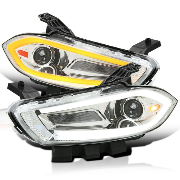 Spec-D Tuning Chrome Projector Headlights w/ Switchback Sequential LED Signal Tube and Startup Animation Compatible with 2013-2016 Dodge Dart, Left   Right Pair Headlamps Assembly