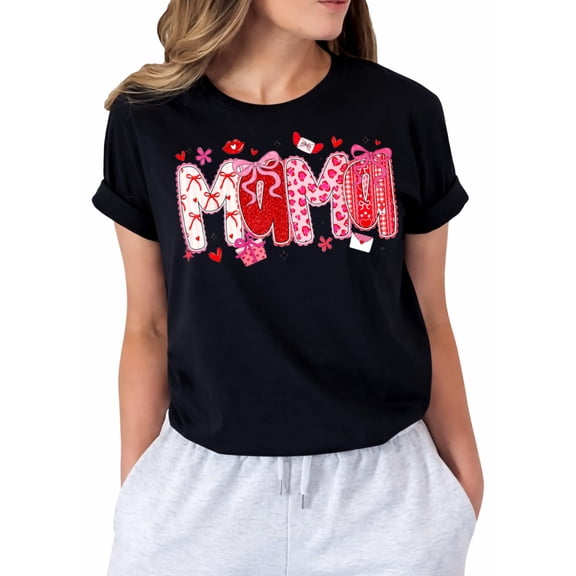 Mama Bow and Cute Heart Print Graphic T-Shirt for Women, Casual Short Sleeve Crew Neck Tee