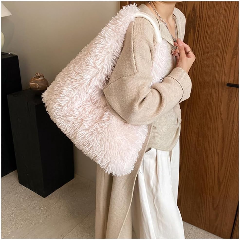 Faux Fur Hobo Shoulder Bag Furry Handbag Purse for Women Winter Y2k Fuzzy Plush Shoulder Tote Bag for Work Shopping