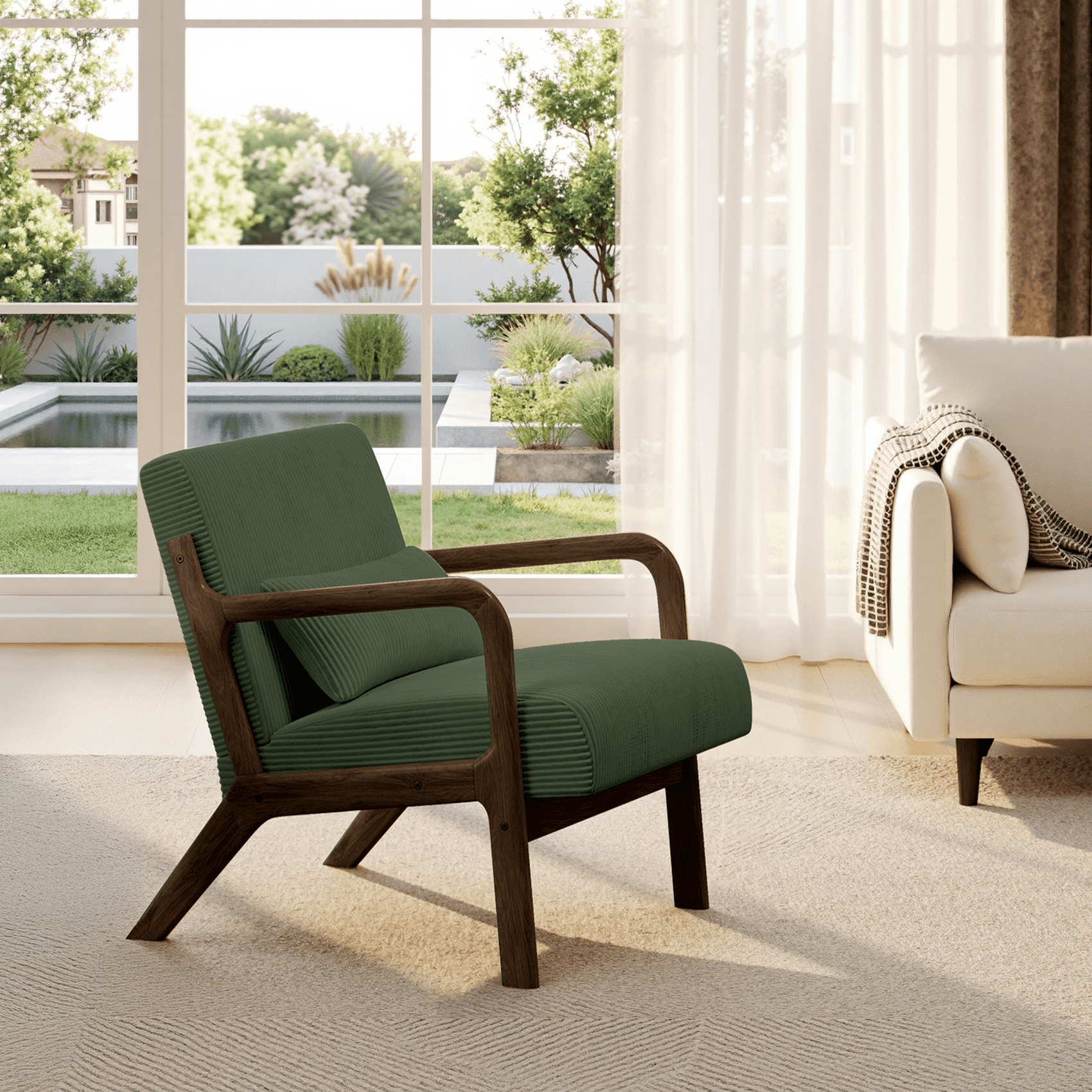 Renwick Mid-Century Corduroy Accent Chair, Modern Armchair with Wood Frame and Pillow for Living Room Bedroom Furniture, Set of 2, Dark Green