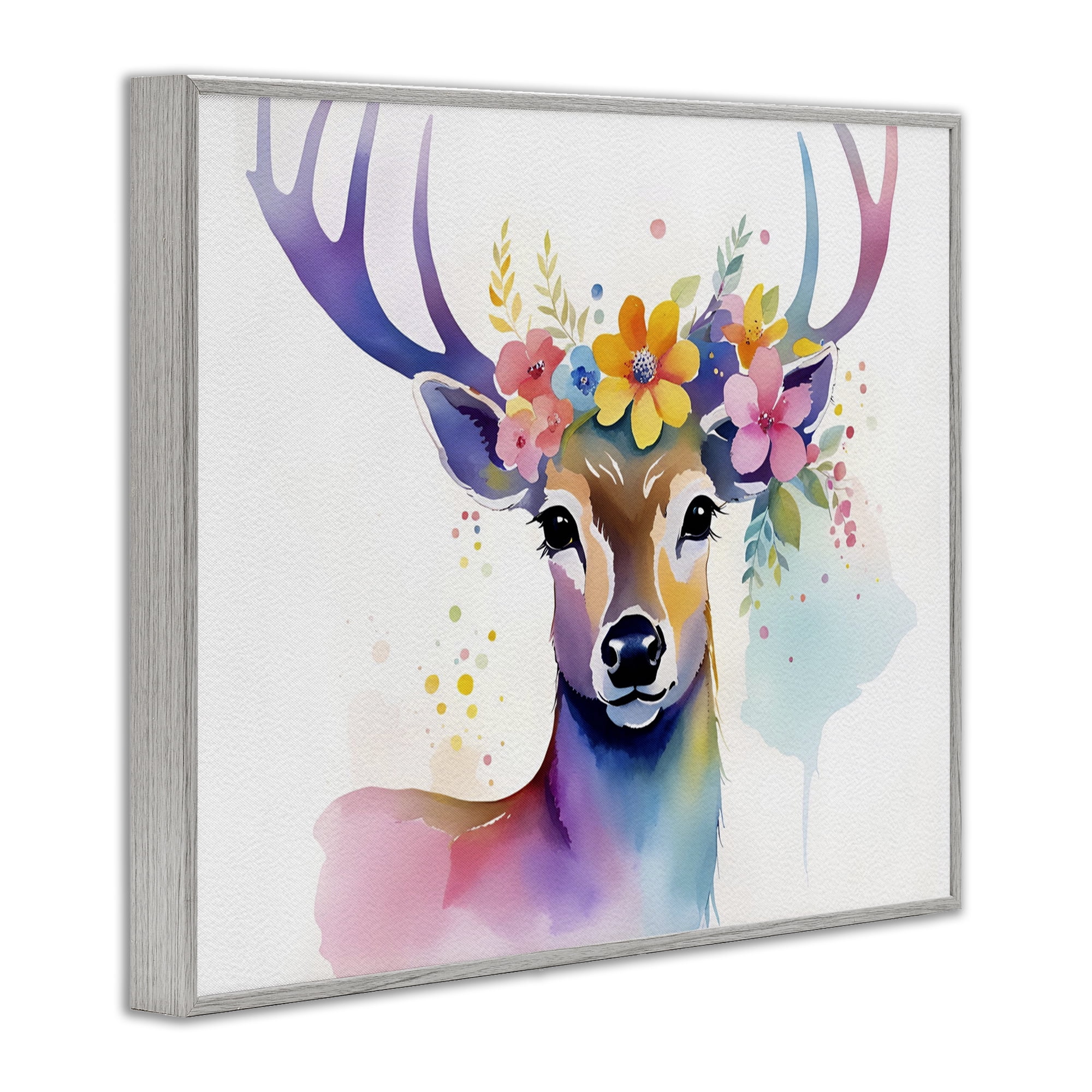 Stupell Industries Floral Garland Deer Animals & Insects Painting Gray Framed Art Print Wall Art, 20 x 16