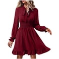 thumbnail image 2 of QUINDOS Dresses for Women 2025 Sundress Crew Neck Long Sleeve Casual Sun Dresses Summer Solid Color Ruffled Slim Mini Mid Length Womens Dresses, 2 of 5