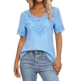 thumbnail image 2 of SSZMDLB Women V Neck Short Sleeve T-Shirts Eyelet Lace Top Curved Hem Solid Casual Summer Tees Elegant Vacation Outfits Workout Clothes, Blue M, 2 of 5