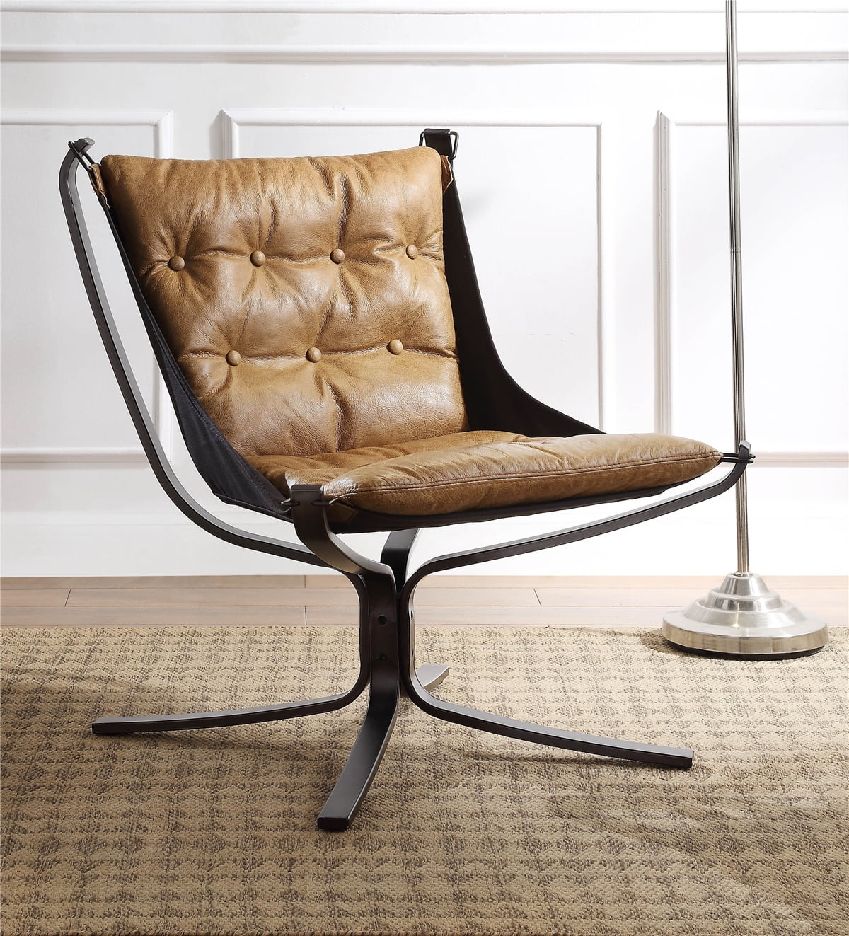 Vintage Coffee Top Grain Leather and Metal Accent Chair