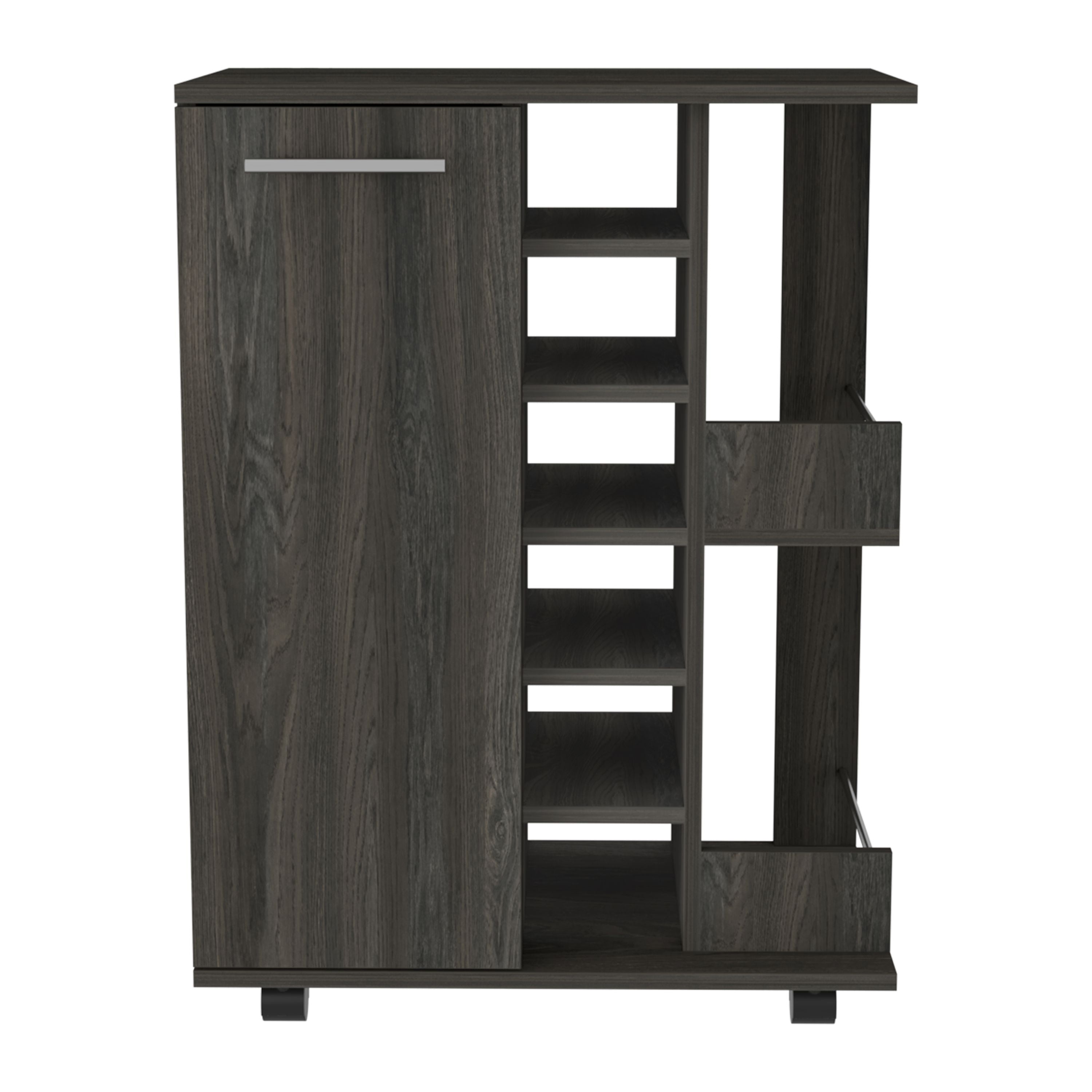 Bar Cart, Two External Shelves, Four Casters, Six Built-in Wine Rack, Single Door Cabinet -Espresso