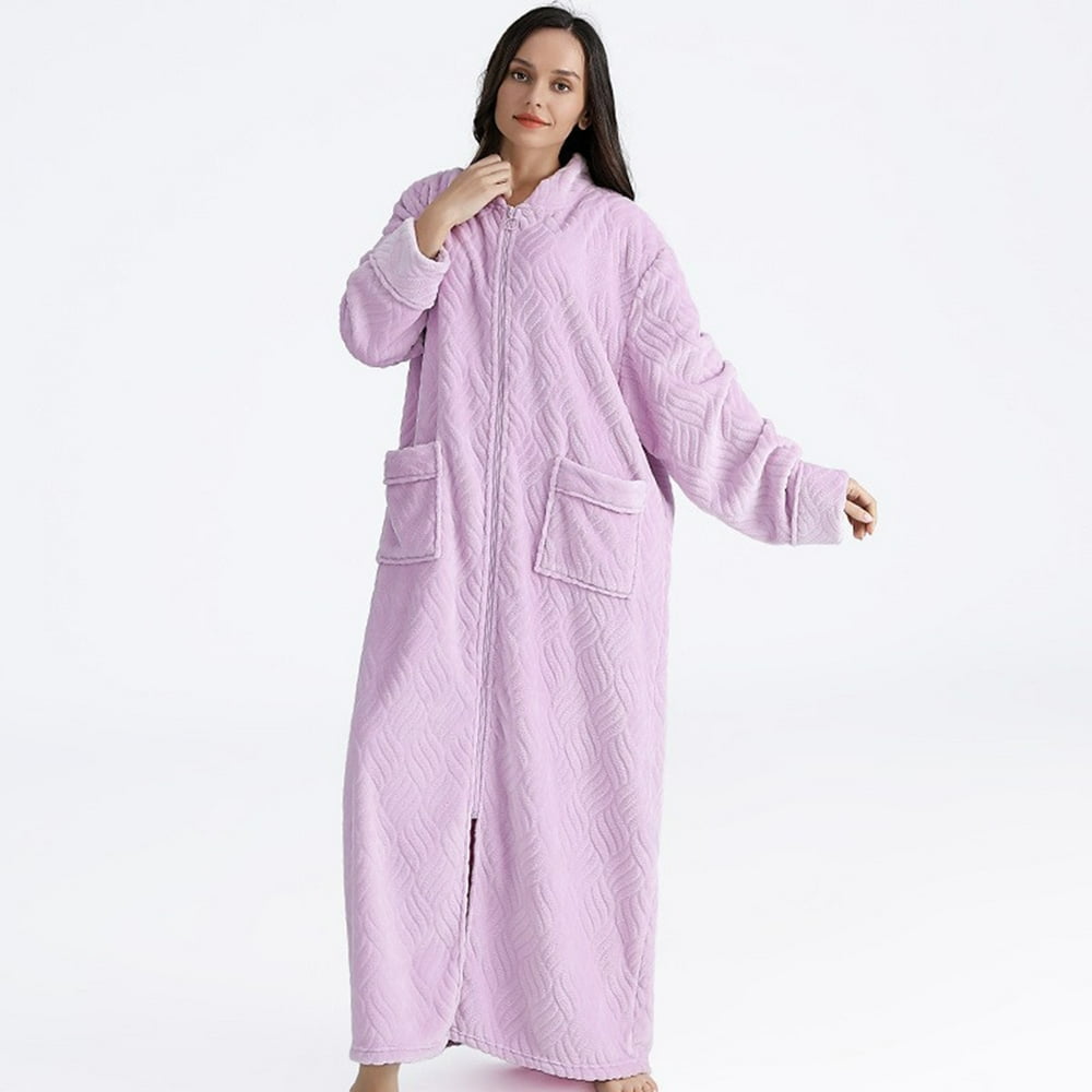 Lngoor Women s Fuzzy Long Nightgown Zip Up Fleece Nightdress Plush Full Length Ultra Soft Loungewear Housecoat With Pockets Womens Clothes Purple Xl