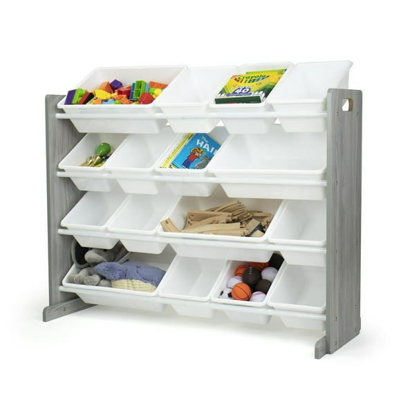 Humble Crew Slate Super Sized Toy Storage Organizer with 16 Storage Bins, Grey Wood Grain/White