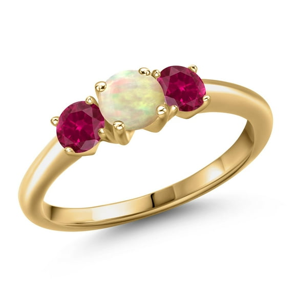 Gem Stone King 18K Yellow Gold Plated Silver White Ethiopian Opal and Red Created Ruby Engagement Ring for Women | 0.80 Cttw | Round Cabochon 5MM | Gemstone October Birthstone | Size 6
