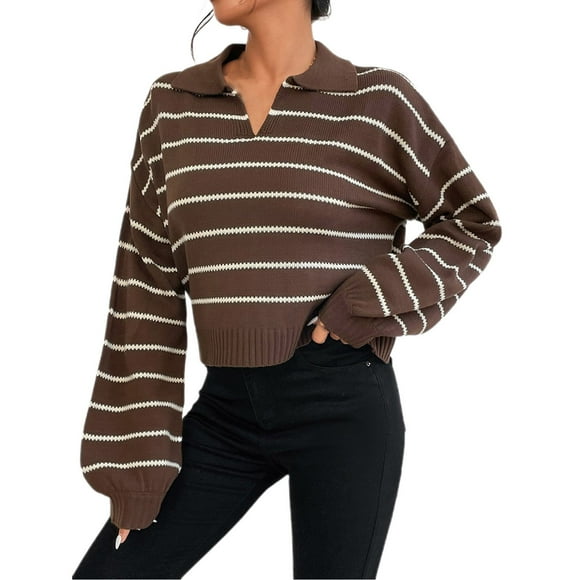 Timegard Womens Sweaters Cropped Pullover Tops Lapel V Neck Striped Long Sleeve Shirt Fall Fashion