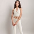 thumbnail image 5 of Women's Ribbed Halter Crop Tank Top with Deep V Neckline Seam Detailing - Light Beige, Small, 5 of 6