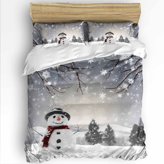 Christmas King Size Comforter Set, Xmas Cute Snowman Branches Winter Snow Scene Soft Bedding for All Seasons, 4 Pcs Bed Set with 1Comforter (90"x106") ,1 Sheet(94"x116"), 2 Pillowcases (19"x35")