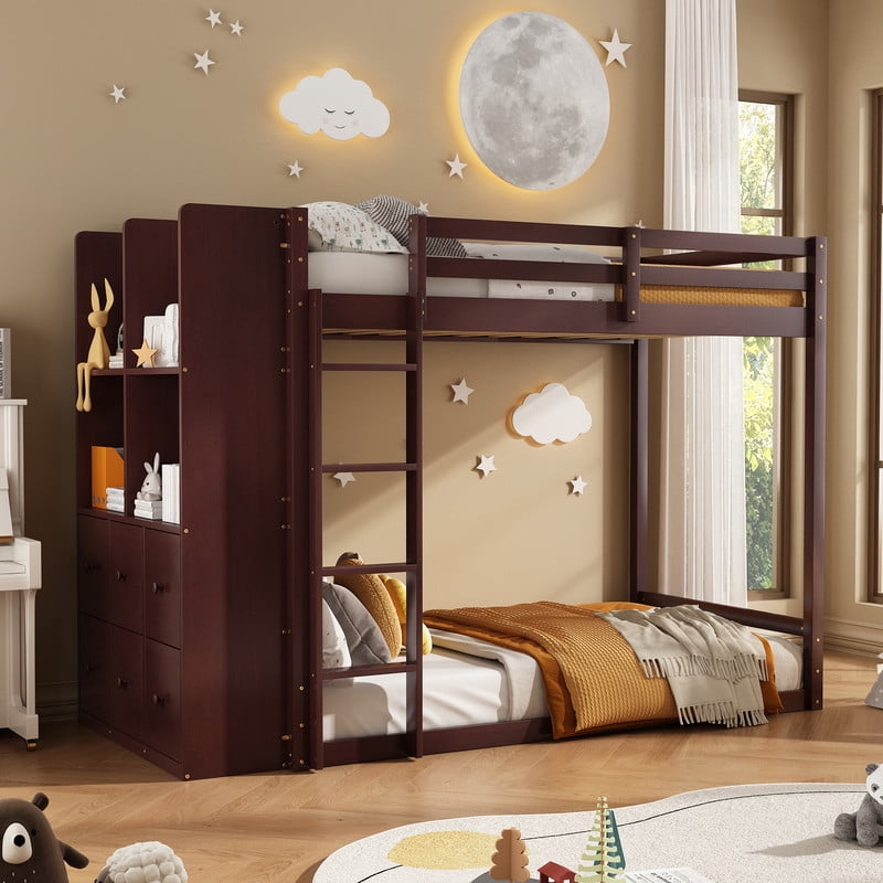 Twin-Over-Twin Size Teens Storage Bunk Bed with Drawers & Shelves, Kids Bed Frame with Built-In Ladder & LED Light Strip
