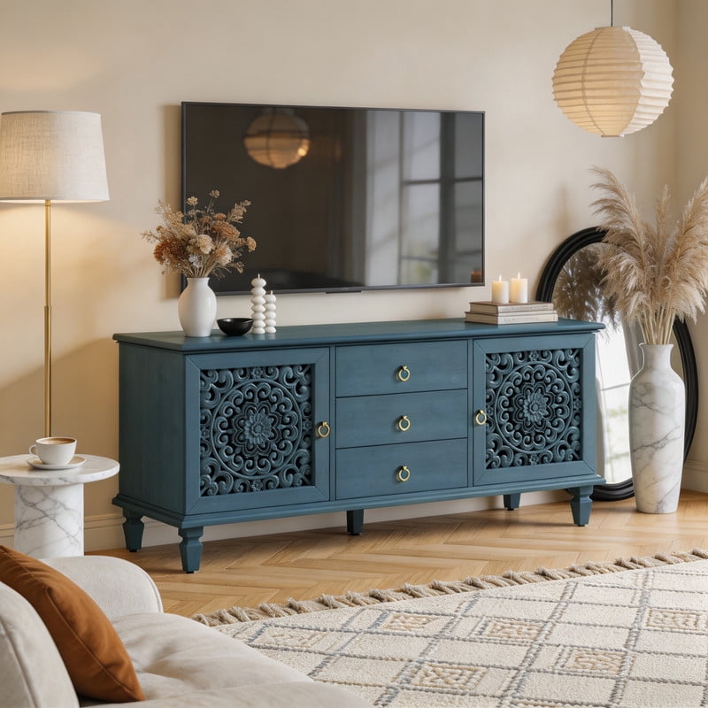 Vintage TV Stand with Carved Doors for 65'' TVs, Freestanding Storage Cabinet Media Console with Drawers & Adjustable Shelf