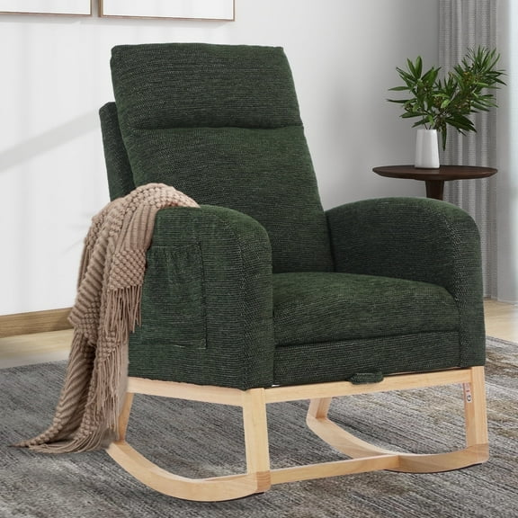 Nursery Rocking Chair with Adjustable Footrest for Living Room,Teddy Fabric Rocking Chair with Solid Wooden Legs,Comfortable Lounge Armchair with Side Pockets and High Backrest(Dark Green)