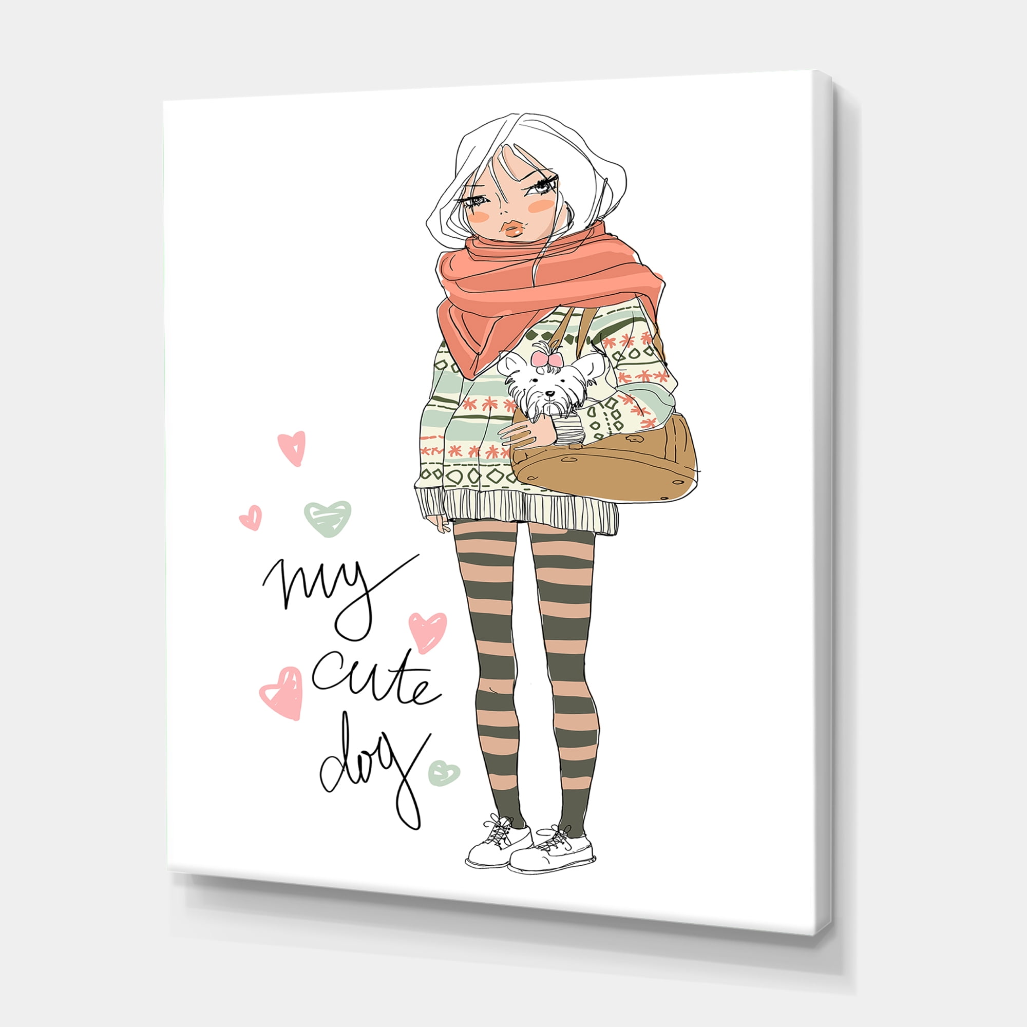 Designart ' My Cute Dog Cute Girl With Dog ' Shabby Chic Canvas Wall Art Print
