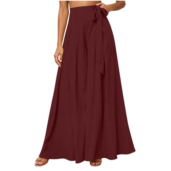 Olyvenn Women's Fashion Wide Leg Pants, Self-Tie Elastic Waist, Relaxed Fit Casual Trousers with Pockets for Summer Outfit Wine XXL