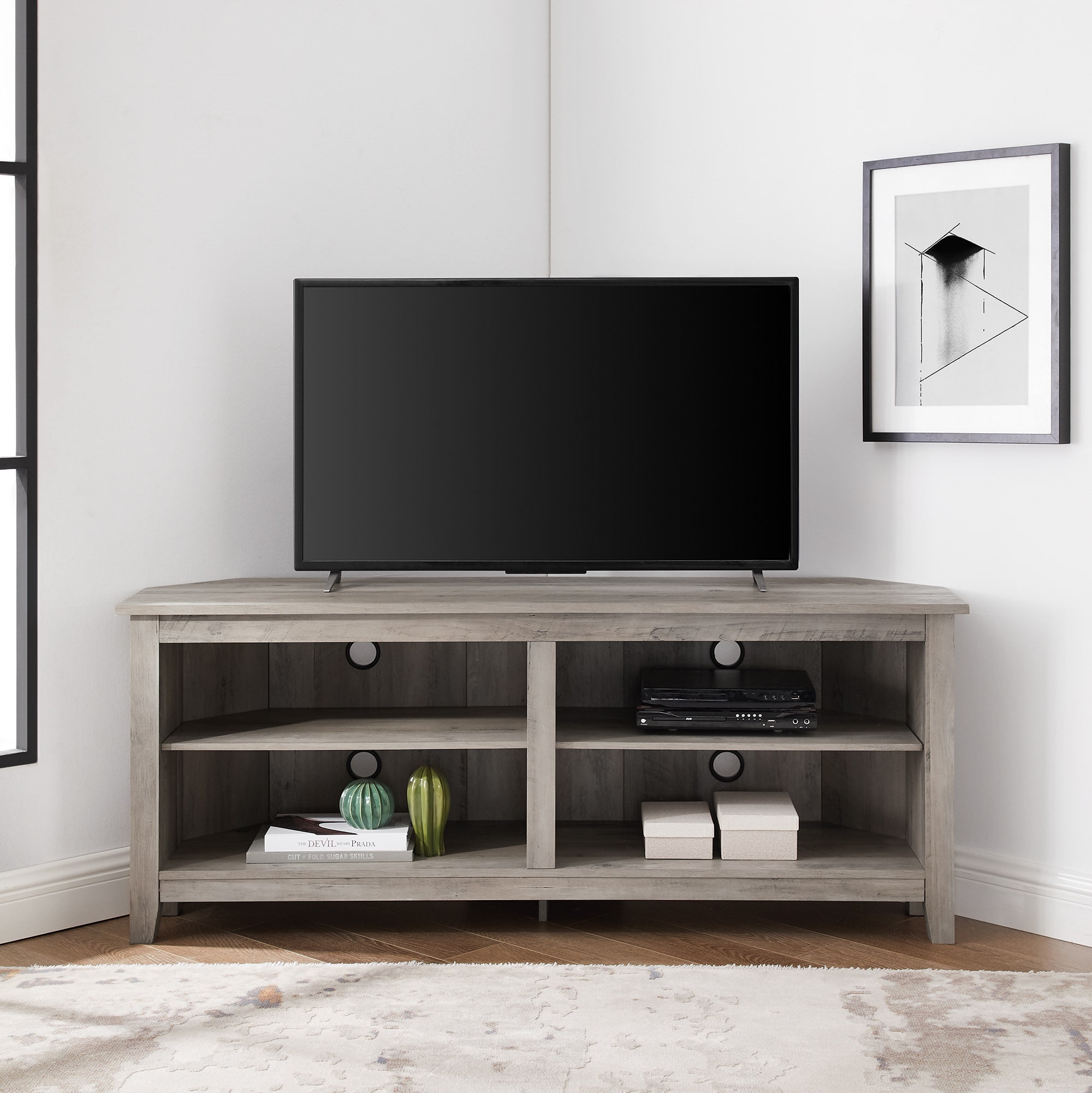 Walker Edison Corner TV Stand Console for TVs up to 64", Grey Wash