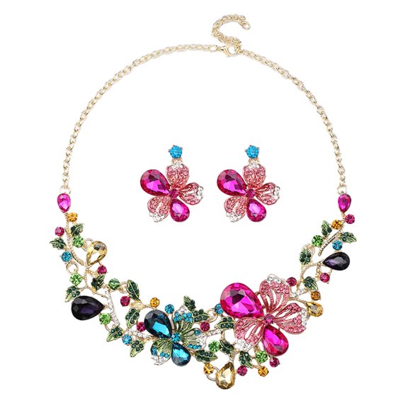 Yesbay 1 Set Women Necklace Earrings Set Colorful Rhinestone Flower Leaf Shape Hollow Neck Ear Jewelry Luxury Stainless Anti-rust Bride Prom Party Ear Studs Necklace Set