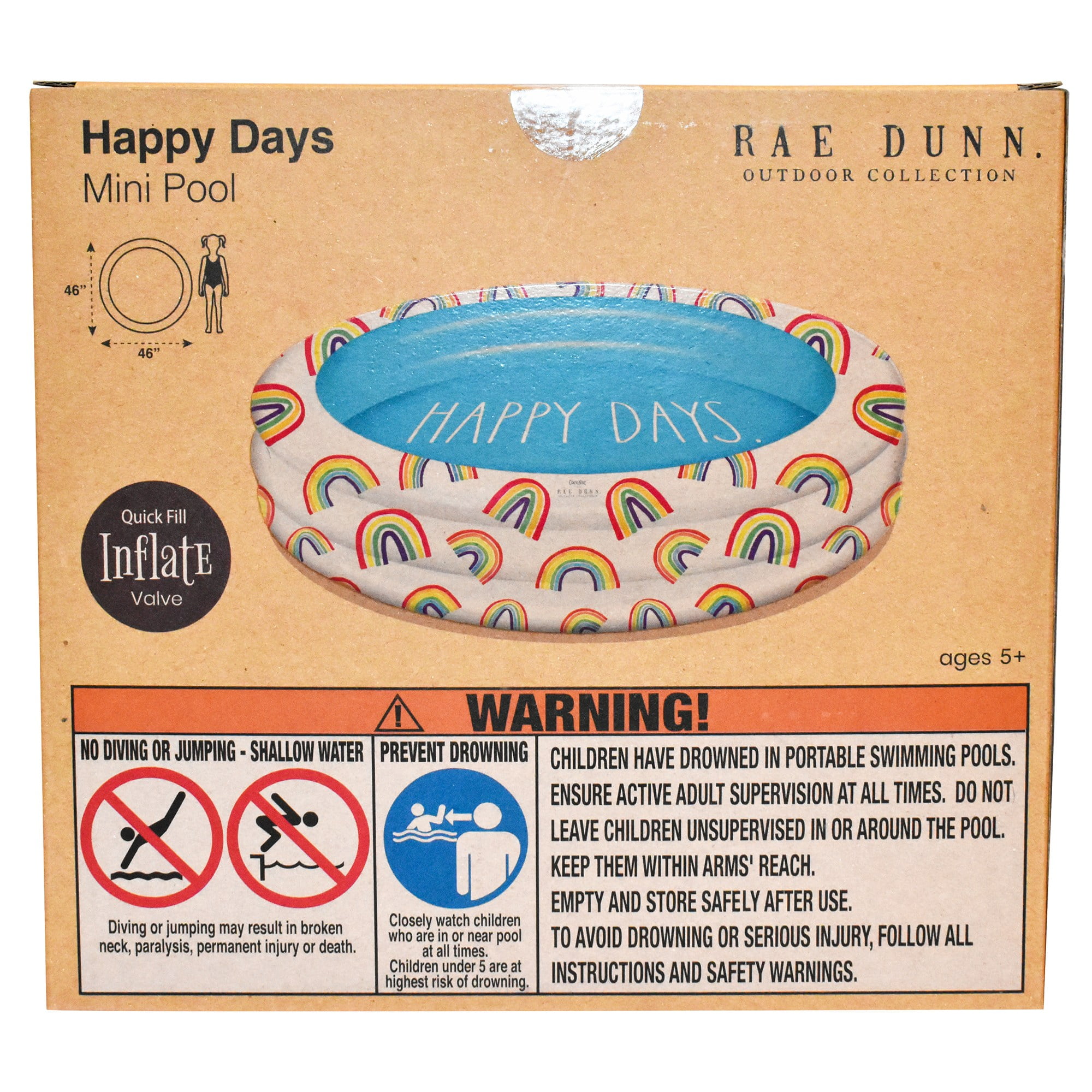 Rae Dunn: Happy Days Aqua Rainbow- 46" Mini Pool, CocoNut Float, Outdoor Inflatable Water Kiddie Pool, Kids Ages 5+