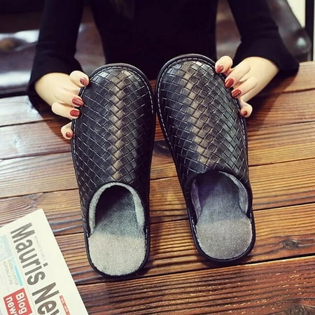 

QWZNDZGR 2022 Spring Braided Leather Slippers Men Indoor Home Shoes Unisex Room Slippers Male Fur Slides New Mules Slipper Big Size 45 46