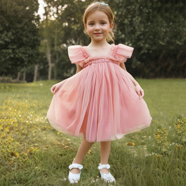 LOVZFMLL Robe Fleurie Brodée à Manches Volantes Couleur Unie pour Filles Robe d'Été à Bretelles en Maille