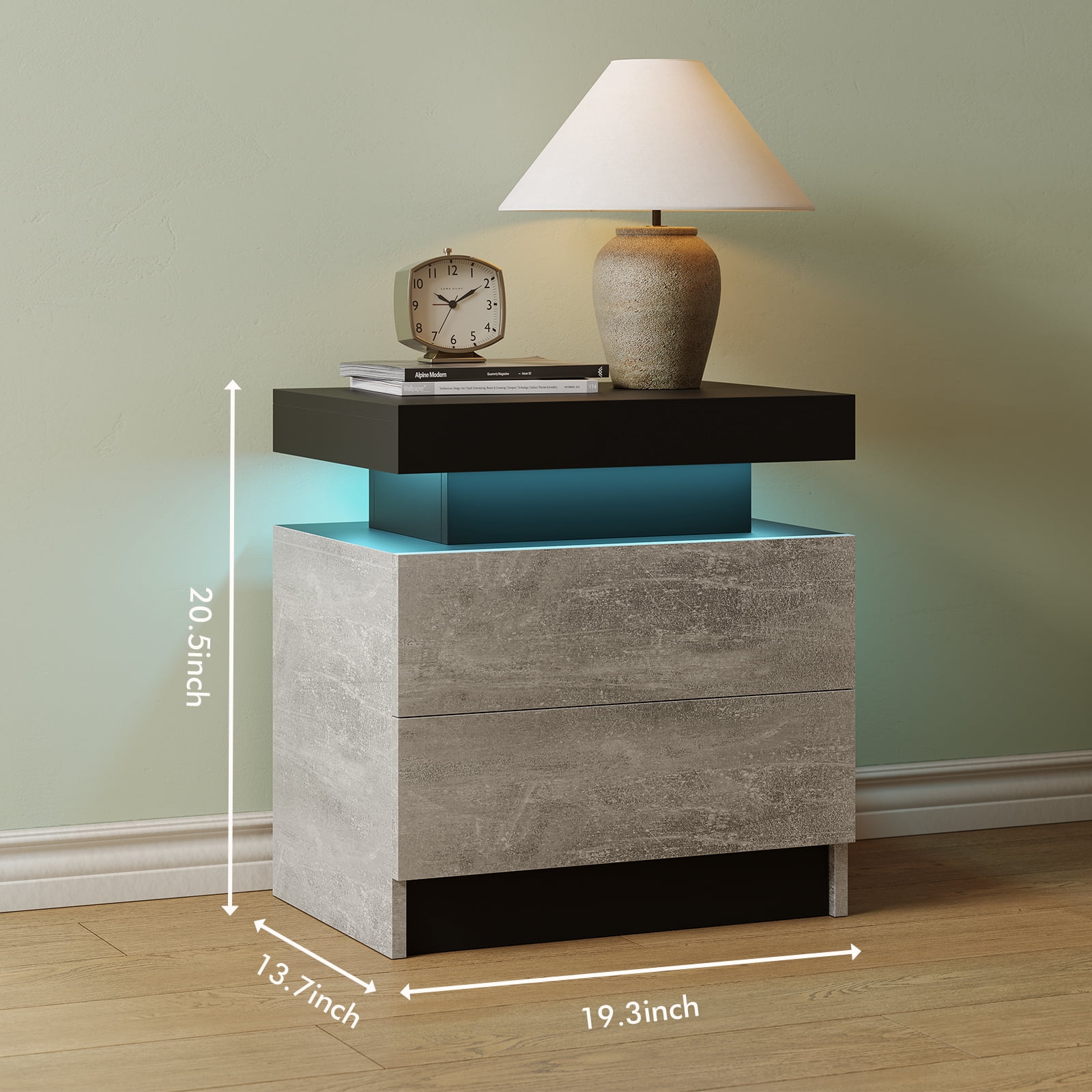 Cubehom Nightstand LED Bedside Table with 2 Drawers Modern Wood for Adults Bedroom Room Grey