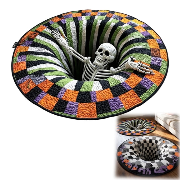 24Inch New 3D Halloween Rugs, 3D Rugs Optical Illusion Halloween, Halloween Rugs Indoor, 3D Skeleton Vortex Quilted Round Halloween Rug, Soft and Durable Fabric Non-Slip Modern Home Décor