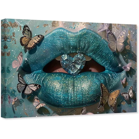 ZHONGYUTONG Lip Canvas Wall Art Teal Lips with Butterfly Pictures Painting Poster Artwork for Home Decor Framed (12.00" x 18.00")
