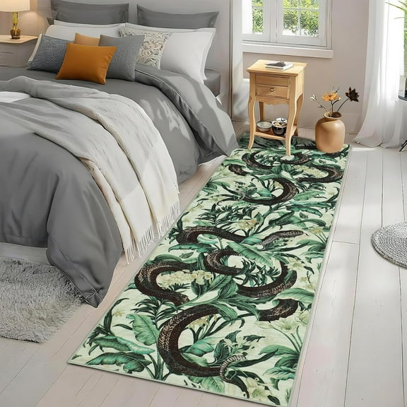 Snake Oriental Runner Rug Washable Rug, Non-Slip Non-Shedding Kitchen Carpet, Low Pile Stain-Resistant Soft Carpet for Entryway, for Home Office Decor Beige and Green