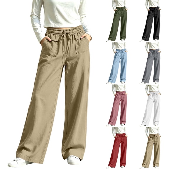 Tqcoqu Wide Leg Palazzo Pants for Women, Casual Drawstring Flowy Beach Linen Trousers with Pockets for Vacation Daily