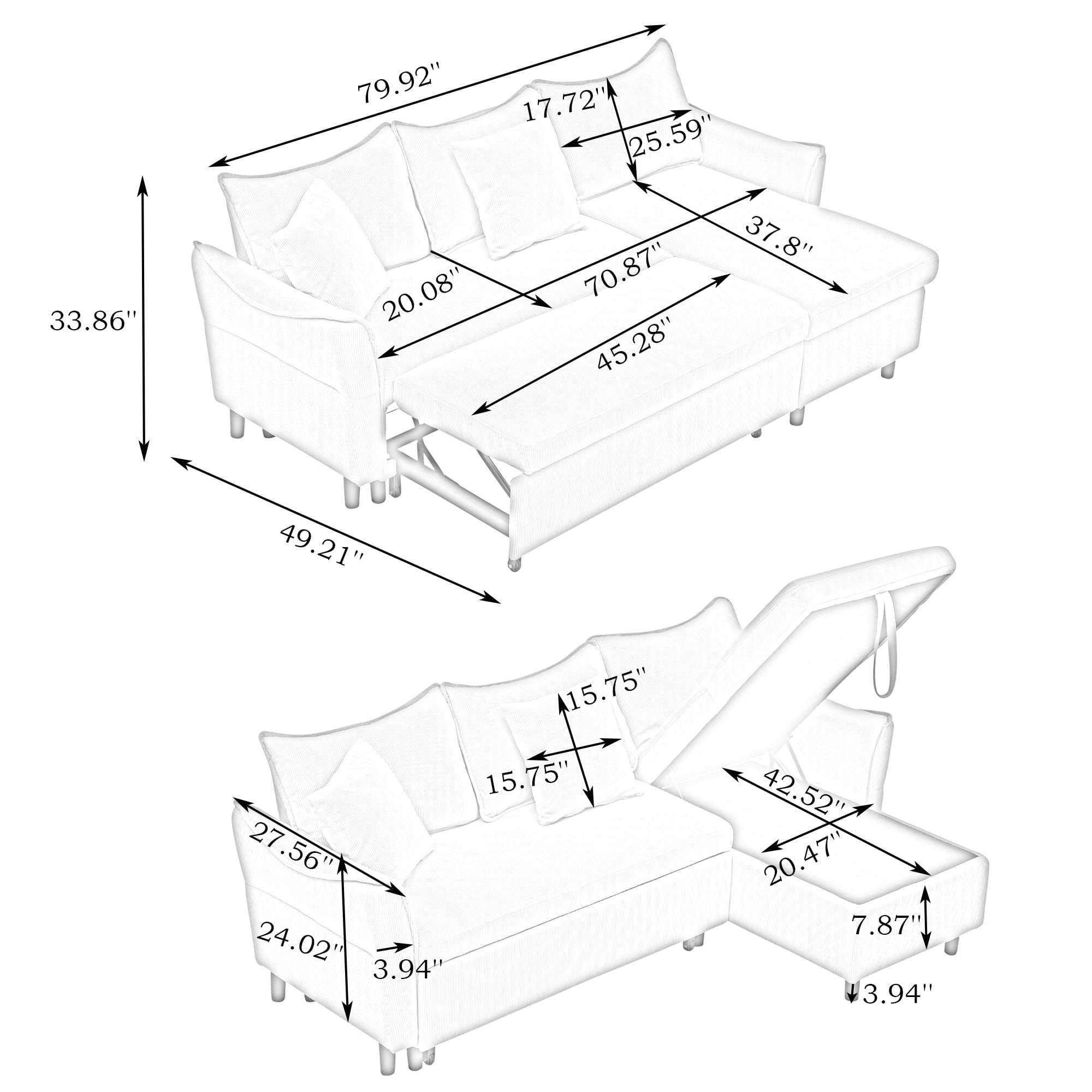 Aukfa 80" Sofa Bed Couch Pull Out Sofa Bed with Storage Chaise, 2 Pillows, Corduroy, Orange