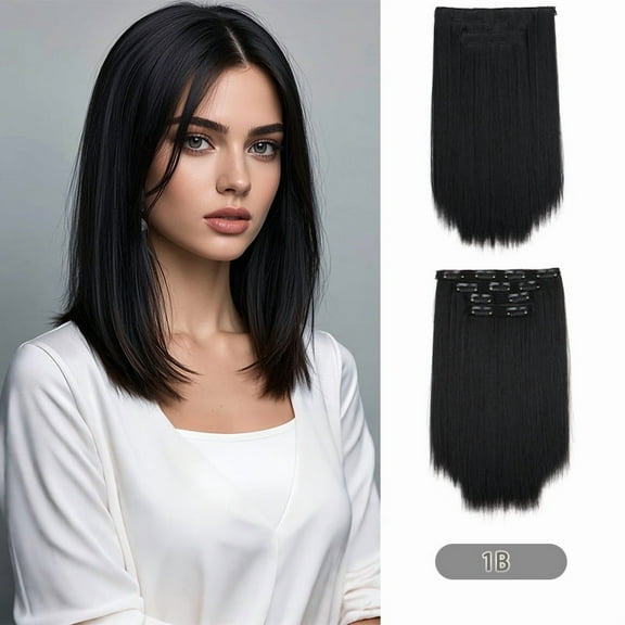 Four piece set of long straight hair wig pieces, with natural fluffy long hair extensions and wig clips