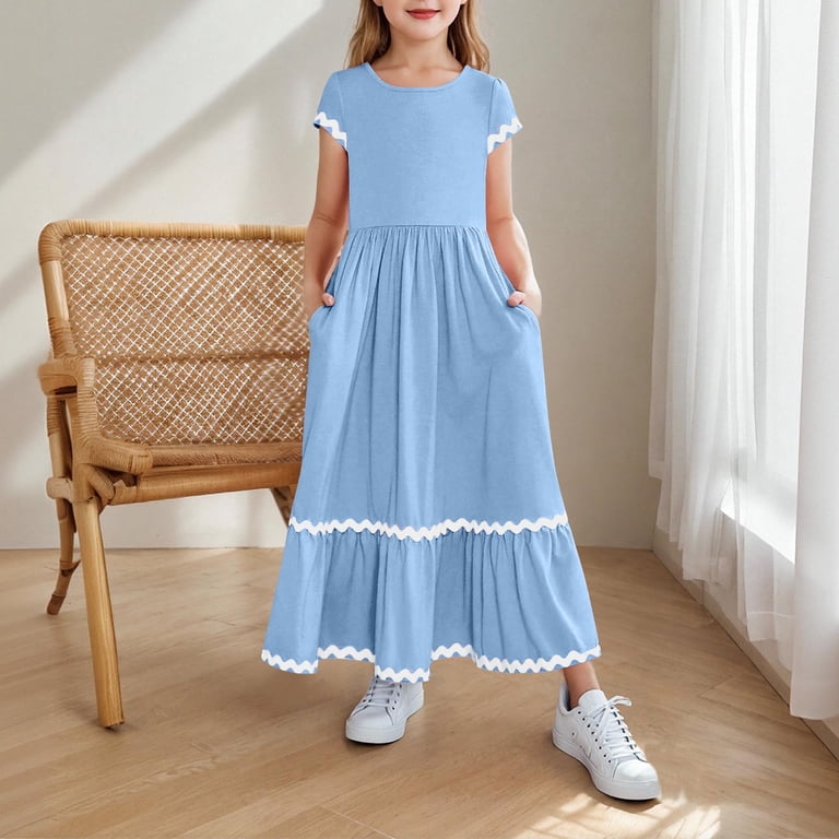 BRGZLK Girls Summer Maxi Dresses Cute Solid Color Short Sleeve Round Neck  Casual Flowy Tiered Sundress with Pockets Blue 12-13 Years - Walmart.com