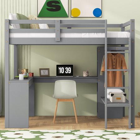 JFC Solid Wood Loft Bed High Study Loft Bed w/L Shape Desk, Small Wardrobe and Bookcase Shelves for Teen Adult