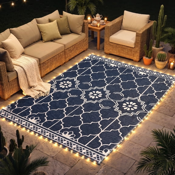 Outsunny Reversible Outdoor Rug Carpet with LED Lights, RV Camping Mat with Carry Bag and Ground Stakes, Dark Blue and White