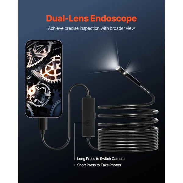 HD Dual Lens Endoscope Camera with 8 LED Lights,16.4FT Waterproof Snake Cable,2X Zoom for Automotive and Plumbing Inspections