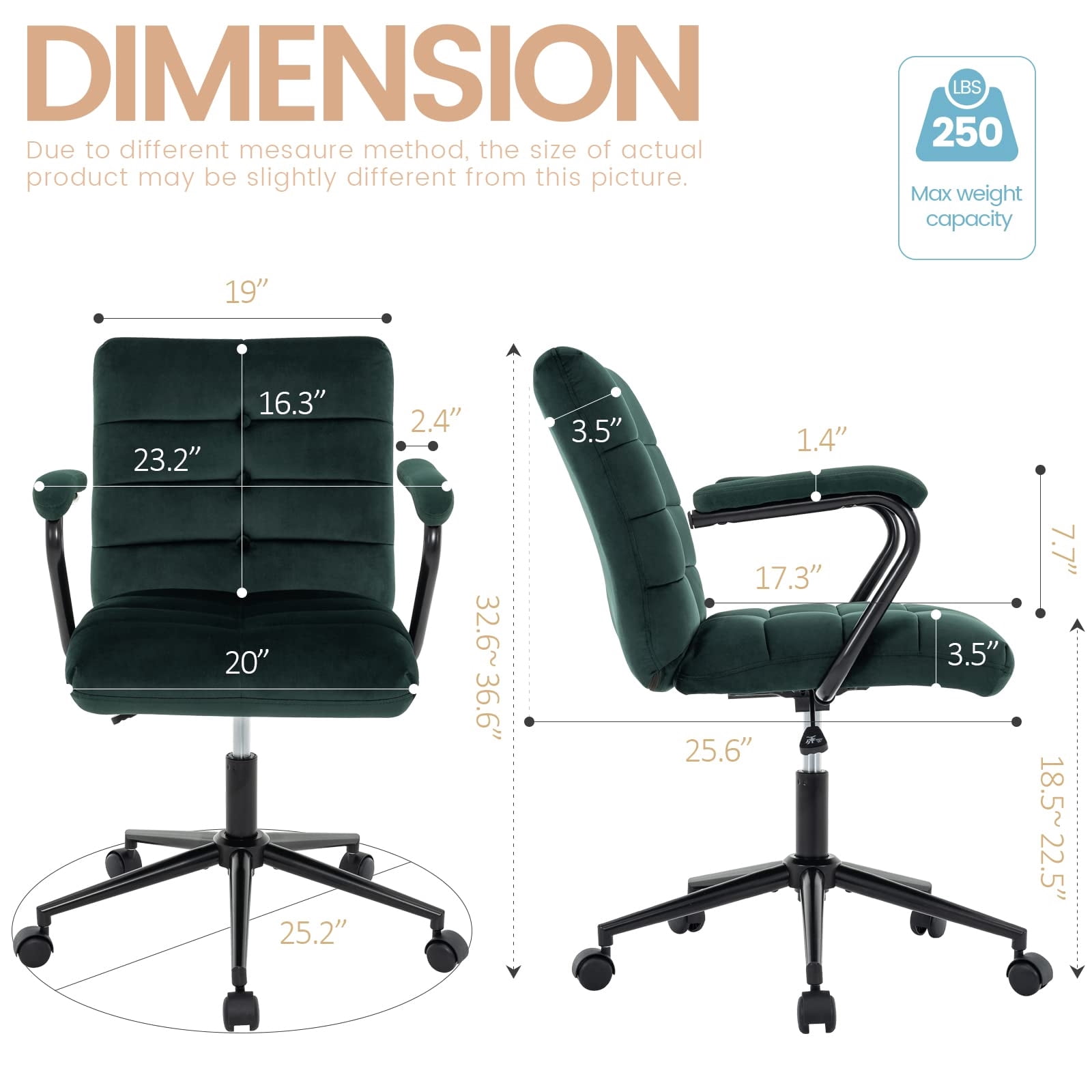 Velvet Desk Chair with Arms, Adjustable Height Home Office Chair, Mid-Back Upholstered Vanity Chair with 360° Swivel and Wheels for Living Room or Study, Dark Green