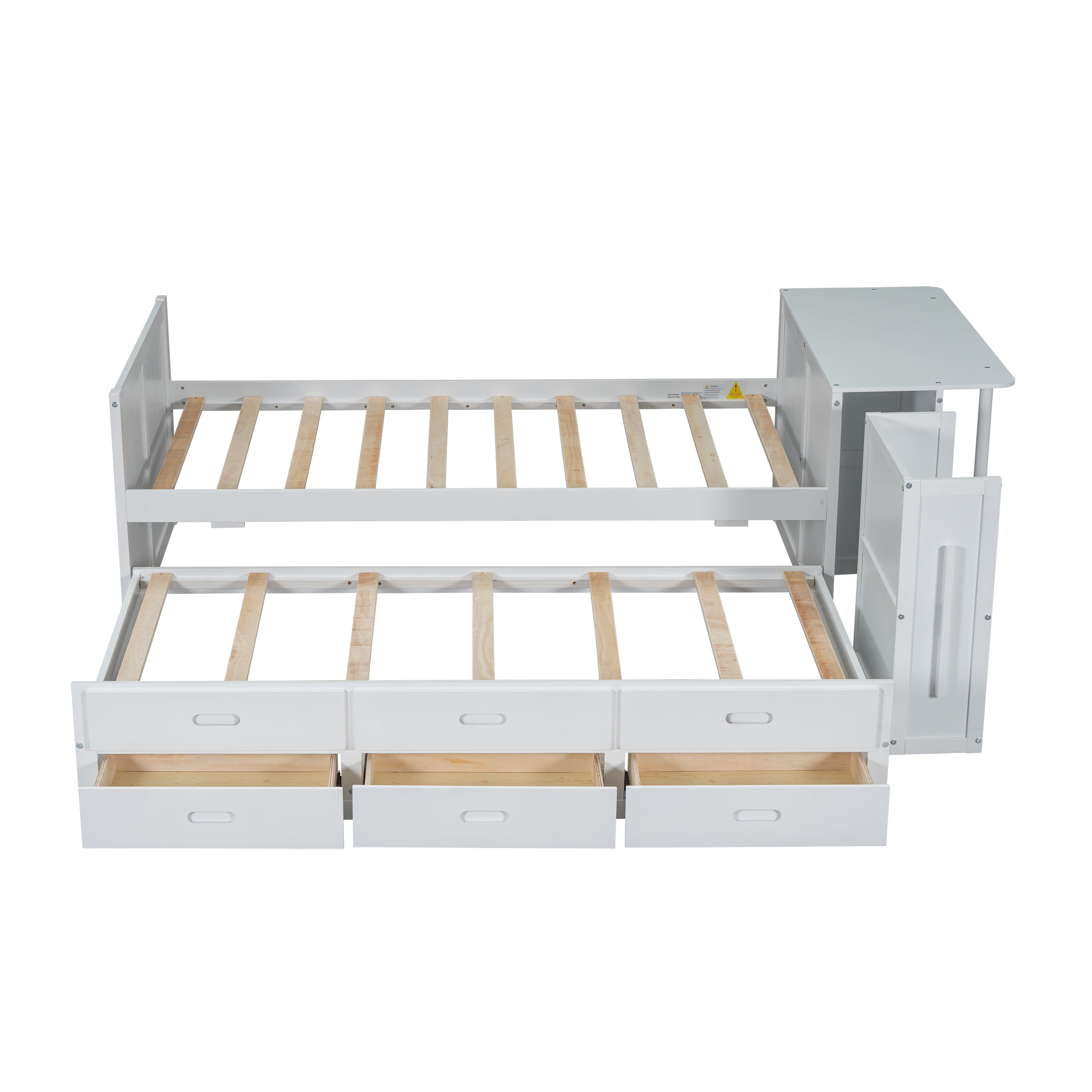 Mintazer Twin Size Bed with Trundle Bed & Storage Shelves, Platform Bed with 3 Drawers & Desk for Small Guest Room Kids Bedroom, White