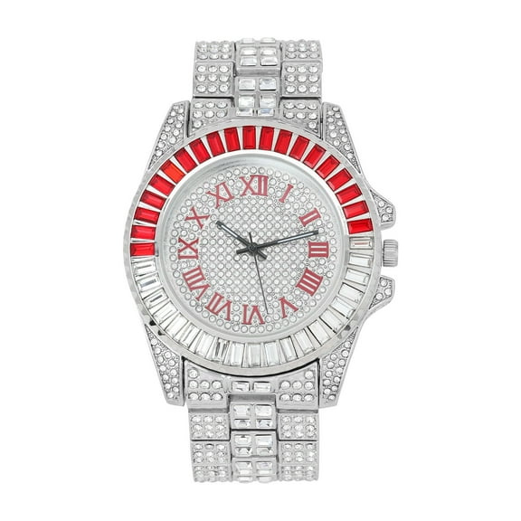Men's Hip Hop Silver Red Plated Iced Style Baguette CZ Watch Luxury Fashion Analog Fashion Wristwatch