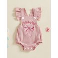 thumbnail image 3 of Toddler Baby Girl First Birthday Romper 6 12 18 24 Months 2T 3T Letter Bow Embroidery Ruffled Flying Sleeve Infant Jumpsuit for Summer, 3 of 9