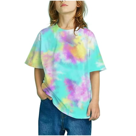 

AURIGATE Girls Print Tie Dye Shirts Summer Short Sleeve Graphic Tee Oversized Tops for Teen Girls Junior