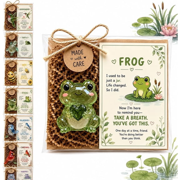 Emotional Support Glass Animal Gift, Cute Recycled Pocket Hug Desk Decor with Encouragement Card, Guardian Healing Pack, Comfort Gift for Friends & Family (E)